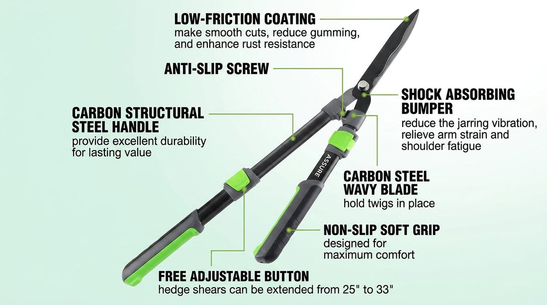 Assure hedge shears with green and gray handles and black blades, shown on a plain white background.