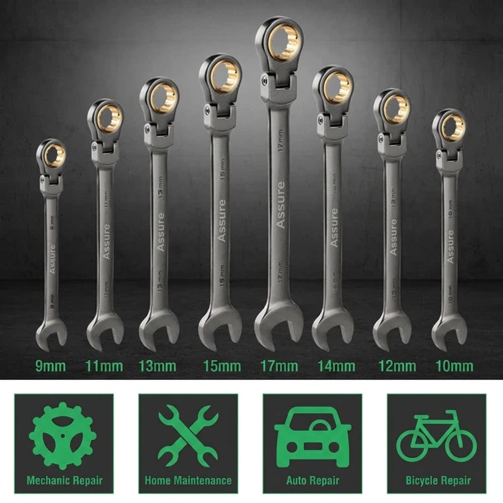 Metric flex head combination wrench set