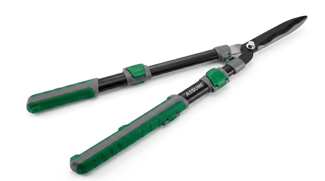 Assure hedge shears with green and gray handles and black blades, shown on a plain white background.